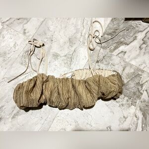 Lovers and Friends Tan Smocked Bubble Tie Shoulder Crop Top Size Small